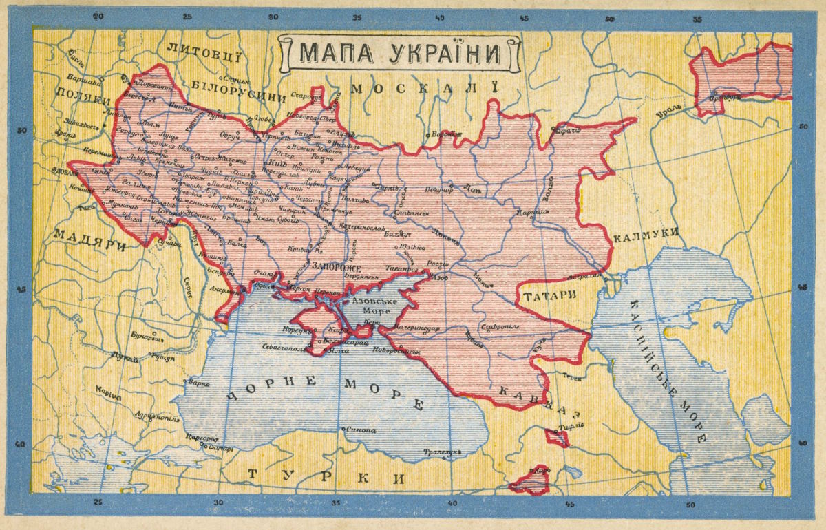 Map of Ukraine and neighbouring regions in 1919, showing areas with a Ukrainian-speaking majority.